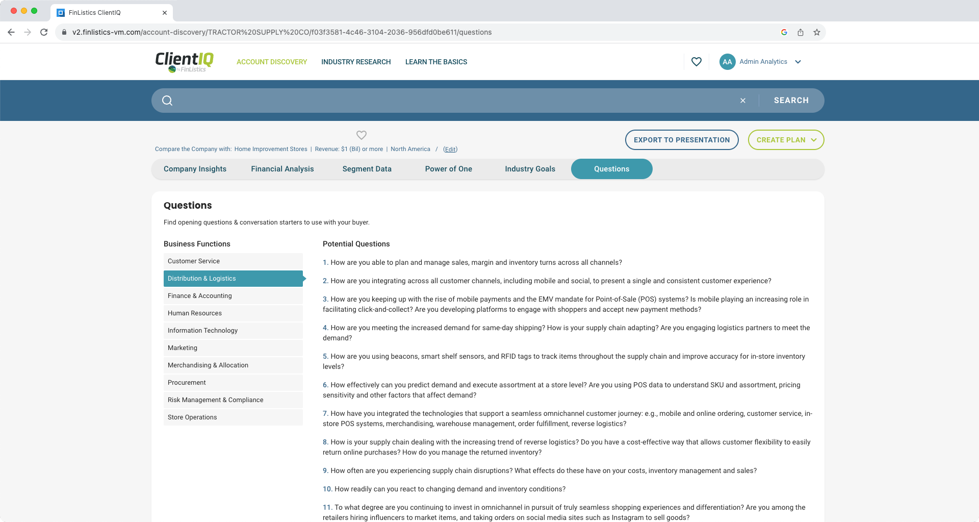 An image of FinListics Solutions' platform, ClientIQ, showing a list of potential questions to prepare.