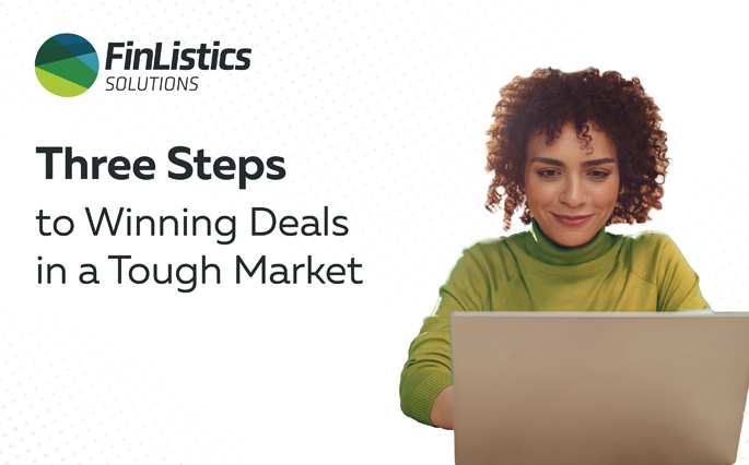 FinListics Blog: Three Steps to Winning Deals in a Tough Market. A young black woman sits at her laptop, working on her sales strategy.