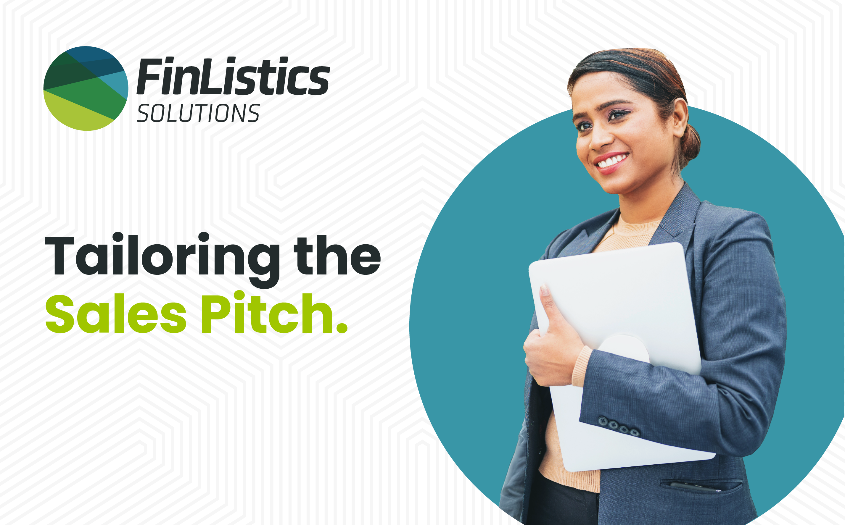 FinListics Solutions. Tailoring the Sales Pitch. A female sales person holds a sleek laptop, ready to take on a new sales process.